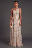 Floral One Shoulder Champagne A Line Long Formal Dress