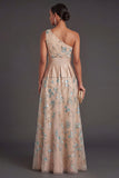 Floral One Shoulder Champagne A Line Long Formal Dress