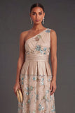 Floral One Shoulder Champagne A Line Long Formal Dress