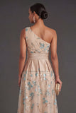Floral One Shoulder Champagne A Line Long Formal Dress