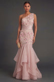 Blush Mermaid Floral One Shoulder Appliqued Ruffled Long Formal Dress