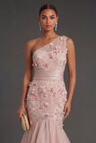 Blush Mermaid Floral One Shoulder Appliqued Ruffled Long Formal Dress