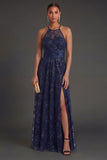 Navy A Line Floral Halter Neck Sleeveless Long Formal Dress with Slit