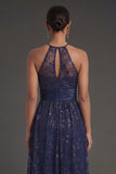 Navy A Line Floral Halter Neck Sleeveless Long Formal Dress with Slit
