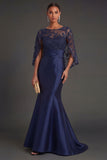 Navy Floral Satin Mermaid Round Neck Appliqued Long Formal Dress