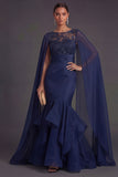 Navy Floral Ruffled Mermaid Round Neck Appliqued Long Formal Dress