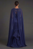 Navy Floral Ruffled Mermaid Round Neck Appliqued Long Formal Dress
