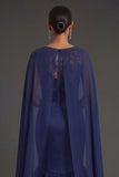 Navy Floral Ruffled Mermaid Round Neck Appliqued Long Formal Dress