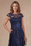 Navy Floral Appliqued Sparkly Sequined A Line Mother of the Bride Dress with Slit