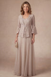 Flutter Sleeves Appliqued A Line Champagne Long Mother of the Bride Dress