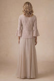 Flutter Sleeves Appliqued A Line Champagne Long Mother of the Bride Dress