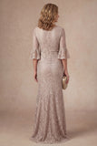 Sheath Flutter Sleeves Appliqued Champagne Long Mother of the Bride Dress