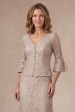 Sheath Flutter Sleeves Appliqued Champagne Long Mother of the Bride Dress