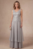 Appliqued A Line Light Grey Flutter Sleeves Long Mother of the Bride Dress