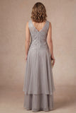 Appliqued A Line Light Grey Flutter Sleeves Long Mother of the Bride Dress