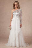 White One Shoulder Appliqued Ruffled A Line Long Mother of the Bride Dress