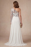 White One Shoulder Appliqued Ruffled A Line Long Mother of the Bride Dress