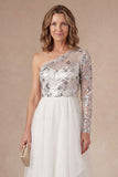 White One Shoulder Appliqued Ruffled A Line Long Mother of the Bride Dress