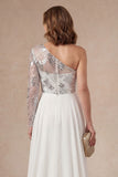 White One Shoulder Appliqued Ruffled A Line Long Mother of the Bride Dress