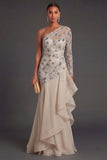 Apricot One Shoulder Ruffled Sparkly Beaded Long Formal Dress