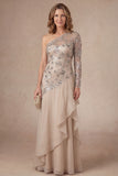 Apricot One Shoulder Ruffled Sparkly Beaded Long Mother of the Bride Dress