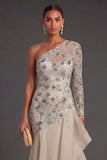 Apricot One Shoulder Ruffled Sparkly Beaded Long Formal Dress
