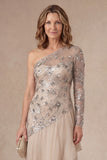 Apricot One Shoulder Ruffled Sparkly Beaded Long Mother of the Bride Dress