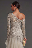 Apricot One Shoulder Ruffled Sparkly Beaded Long Formal Dress