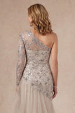 Apricot One Shoulder Ruffled Sparkly Beaded Long Mother of the Bride Dress