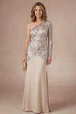 One Shoulder Apricot Sparkly Sheath Long Mother of the Bride Dress