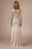 One Shoulder Apricot Sparkly Sheath Long Mother of the Bride Dress