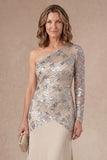 One Shoulder Apricot Sparkly Sheath Long Mother of the Bride Dress