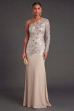 One Shoulder Apricot Sparkly Sheath Long Formal Dress