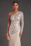 One Shoulder Apricot Sparkly Sheath Long Formal Dress