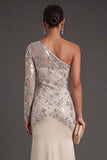 One Shoulder Apricot Sparkly Sheath Long Formal Dress