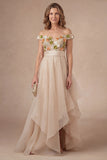 Off the Shoulder Apricot Floral Long Mother of the Bride Dress with Slit