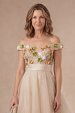 Off the Shoulder Apricot Floral Long Mother of the Bride Dress with Slit