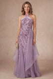 Purple Floral A Line Appliqued Halter Neck Long Mother of the Bride Dress