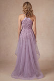 Purple Floral A Line Appliqued Halter Neck Long Mother of the Bride Dress