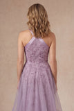 Purple Floral A Line Appliqued Halter Neck Long Mother of the Bride Dress