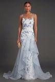 Light Blue Mermaid Sparkly Sequined Thick Straps Ruffled Long Formal Dress