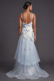 Light Blue Mermaid Sparkly Sequined Thick Straps Ruffled Long Formal Dress