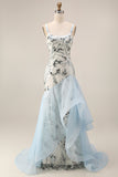 Light Blue Mermaid Sparkly Sequined Thick Straps Ruffled Long Formal Dress