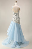 Light Blue Mermaid Sparkly Sequined Thick Straps Ruffled Long Formal Dress