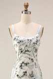 Light Blue Mermaid Sparkly Sequined Thick Straps Ruffled Long Formal Dress