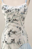 Light Blue Mermaid Sparkly Sequined Thick Straps Ruffled Long Formal Dress