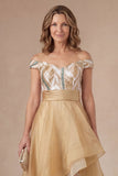 A Line Off the Shoulder Champagne Backless High Low Mother of the Bride Dress