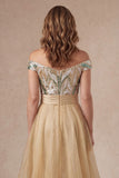 A Line Off the Shoulder Champagne Backless High Low Mother of the Bride Dress