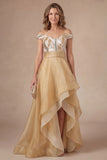 A Line Off the Shoulder Champagne Backless High Low Mother of the Bride Dress