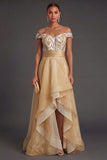 A Line Off the Shoulder Champagne Backless High Low Formal Dress